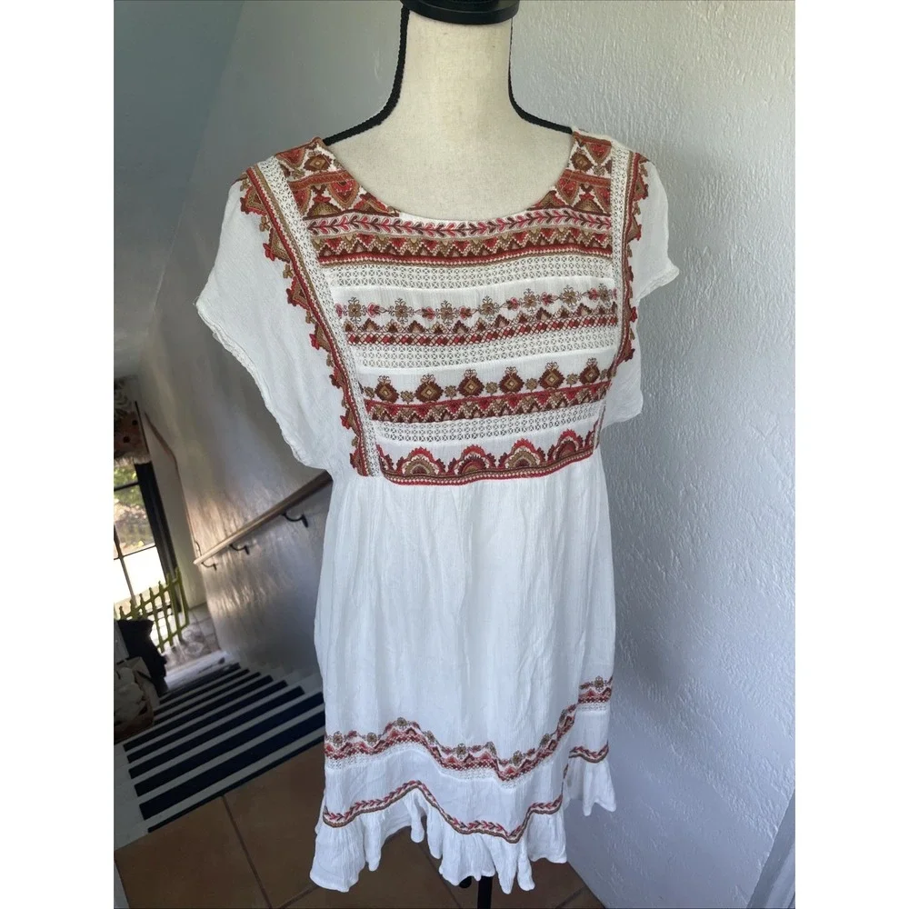 Free People Sunrise Wanderer Mini Embroidered Dress With Pockets Oversized XS